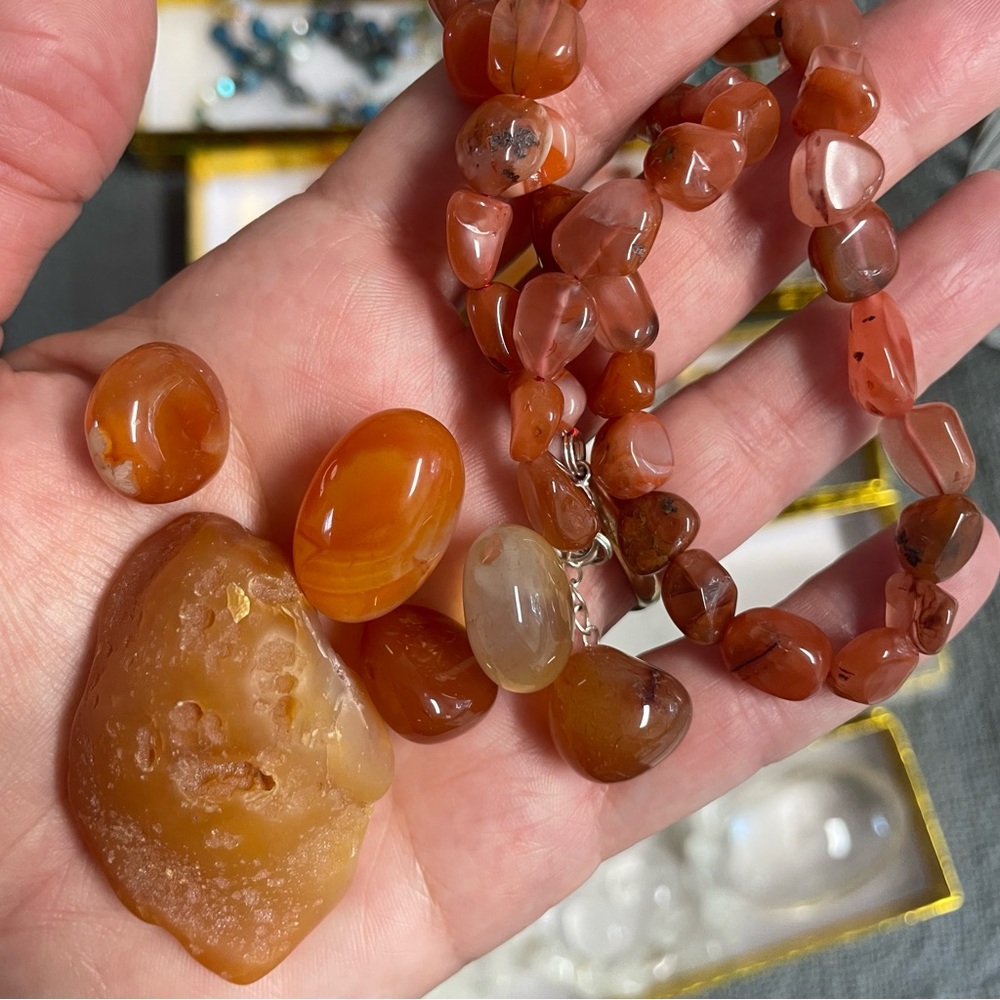 Carnelian Bead Necklace and Tumbled Stone Set - Warm Orange Jewelry